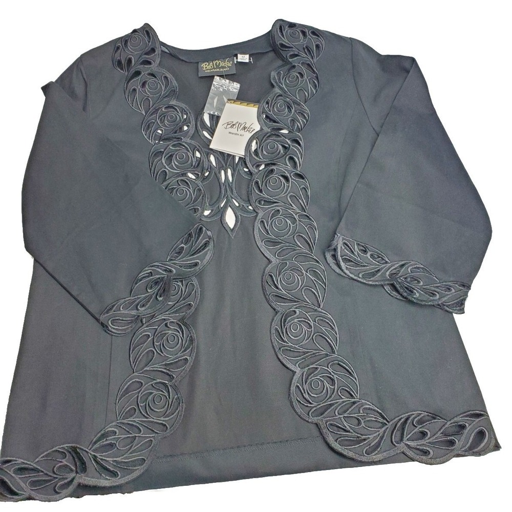 bob mackie‎ wearable art jacket M Black Open, Embroidery Lightweight,  NWT